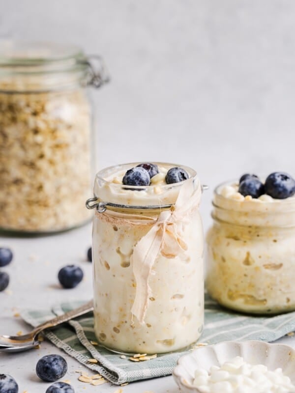 Cottage cheese overnight oats in a glass jar.