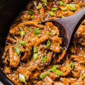 Slow cooker chicken in honey garilc sauce, topped with sliced green onions.