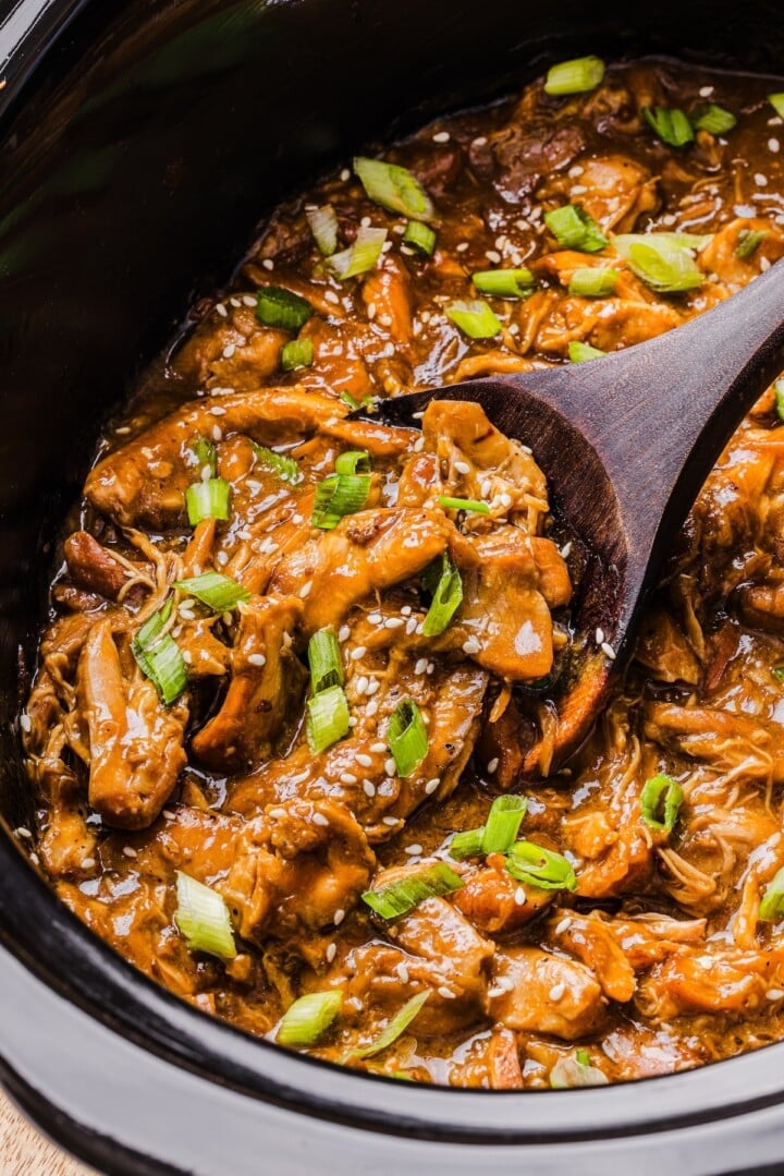 Slow cooker chicken in honey garilc sauce, topped with sliced green onions.