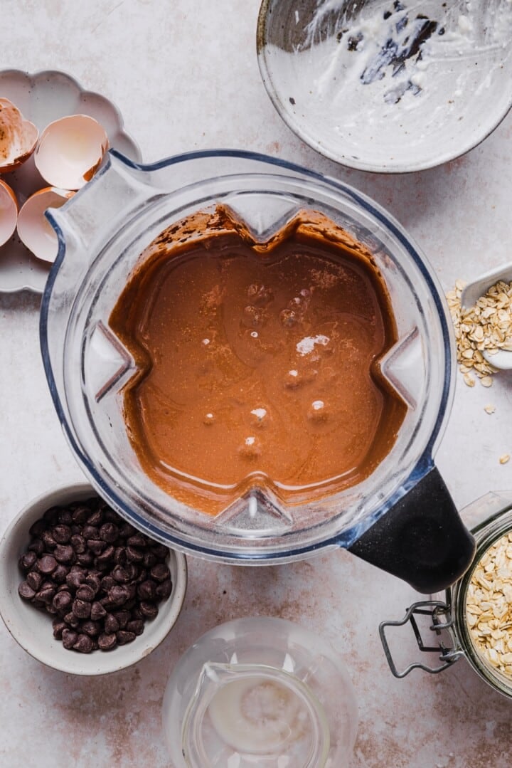 Batter for chocolate cottage cheese muffins in a blender.