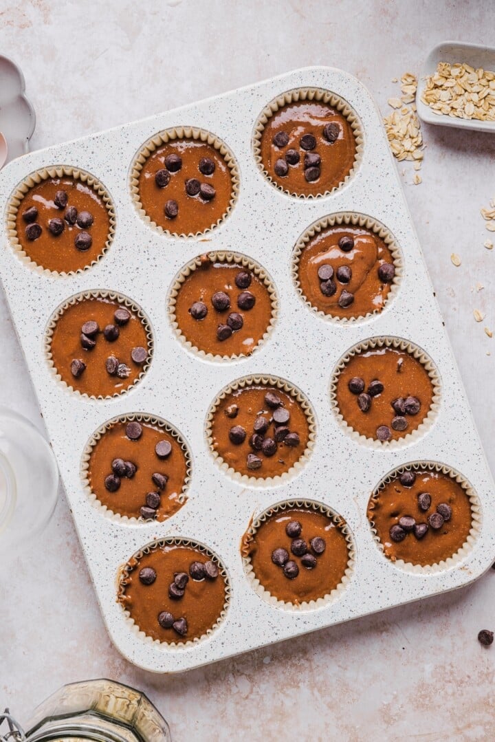 Raw cottage cheese chocolate muffins in a muffin pan.