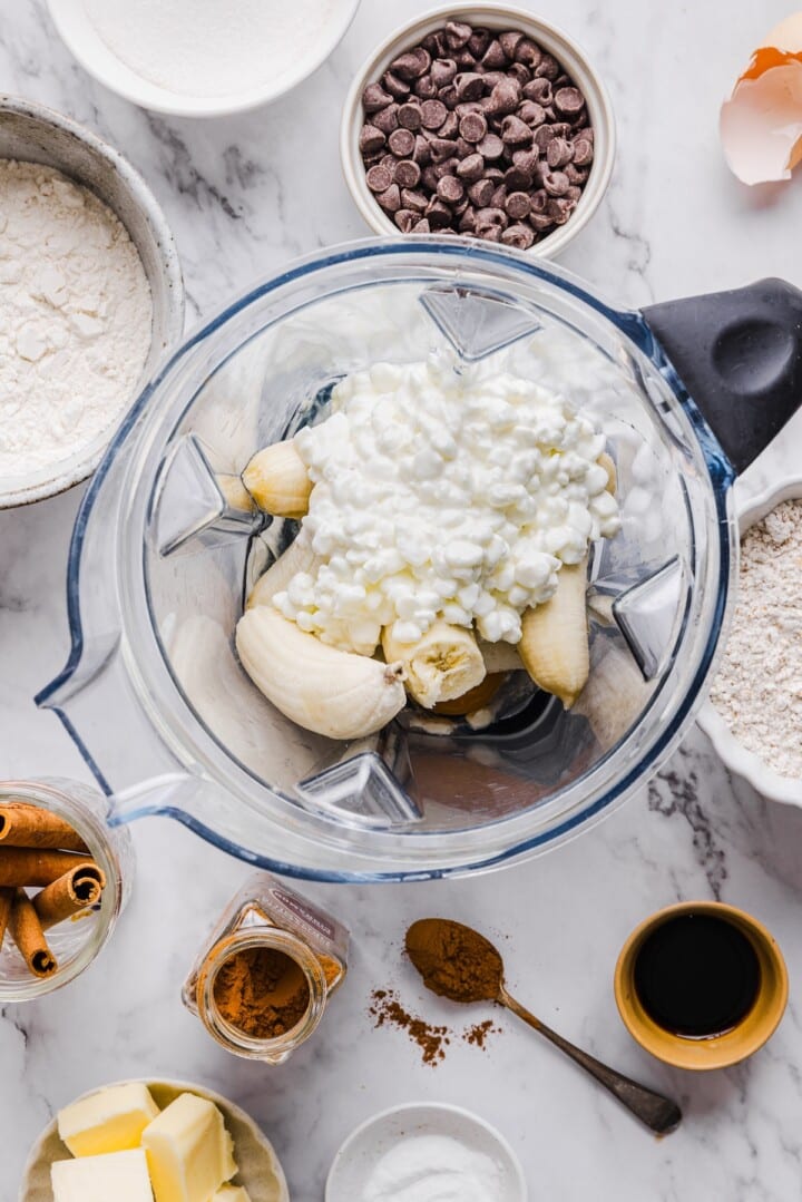 Cottage cheese with other banana bread ingredients in a blender.