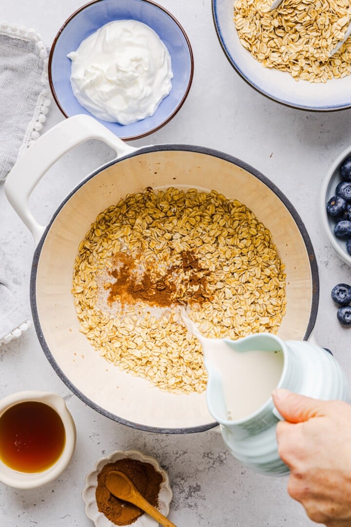 Ingredients for greek yogurt oatmeal in a large pot.