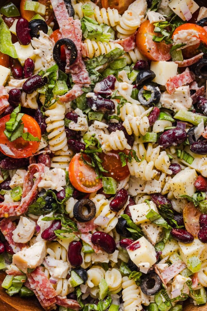 Close up of pizza pasta salad.