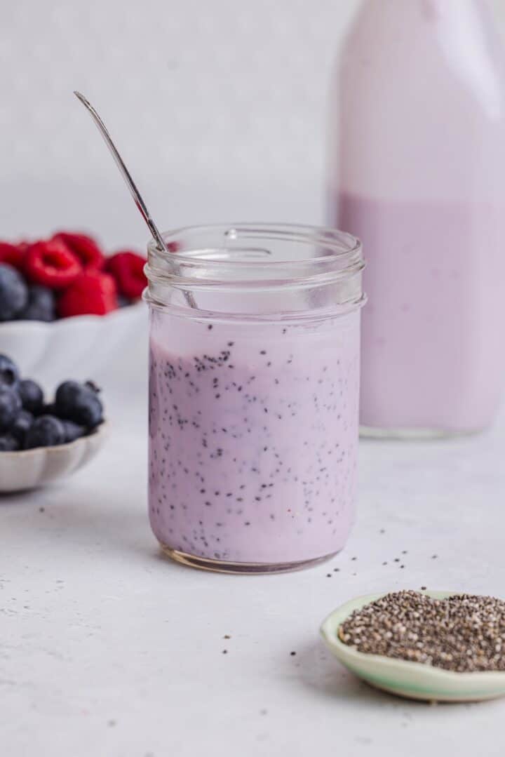 Chia seeds being mixed with the kefir.