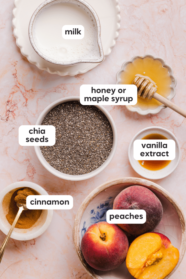 Ingredients for peach chia pudding including chia seeds, peaches, vanilla extract, cinnamon, honey or maple syrup and milk.