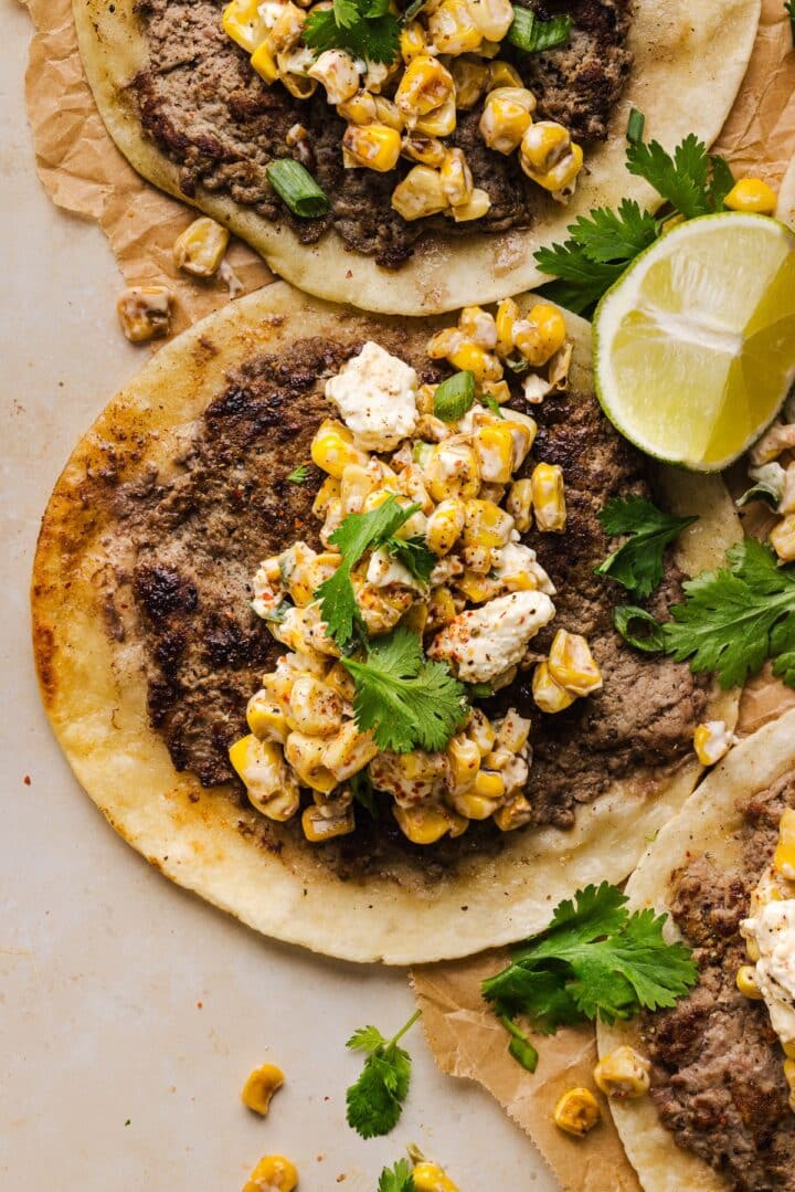 Close up of a street corn taco.