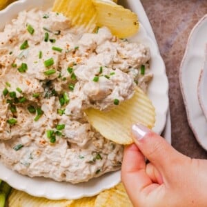 High-protein french onion chicken salad served with ruffle potato chips.