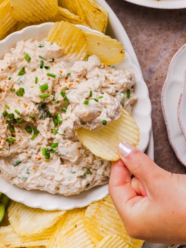 High-protein french onion chicken salad served with ruffle potato chips.