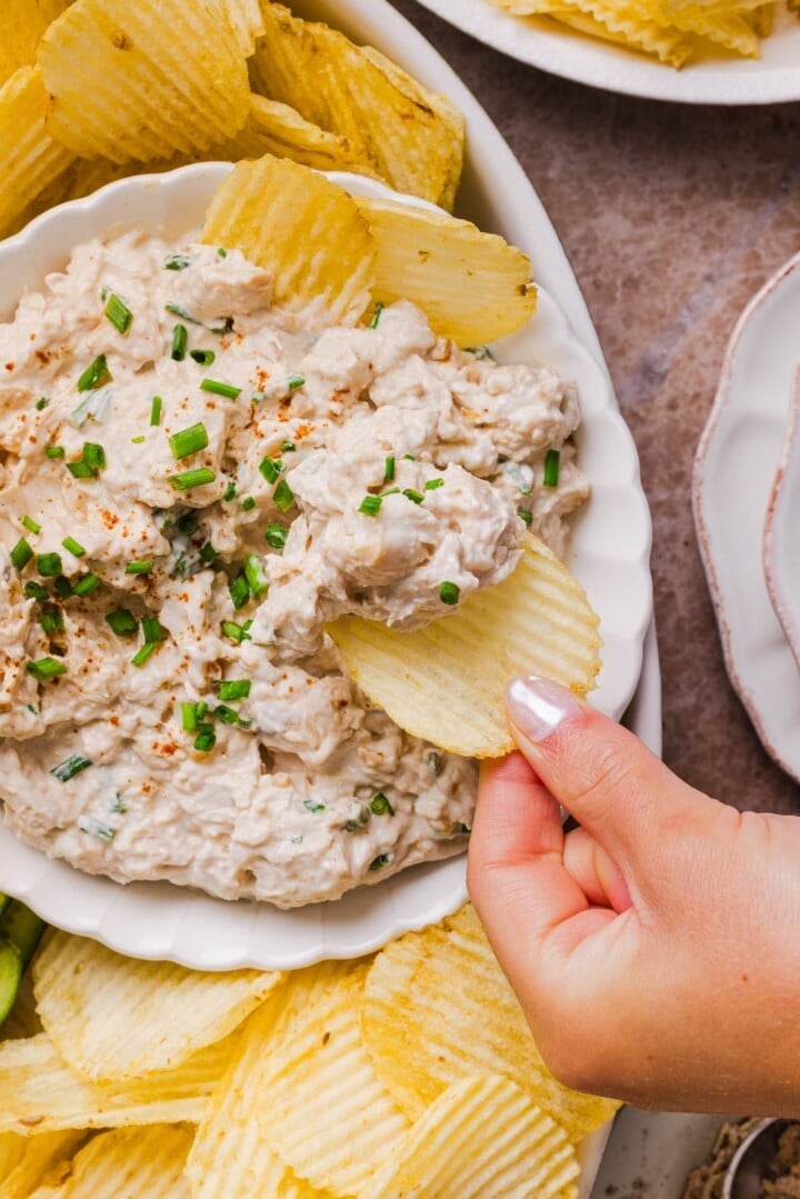 High-protein french onion chicken salad served with ruffle potato chips.