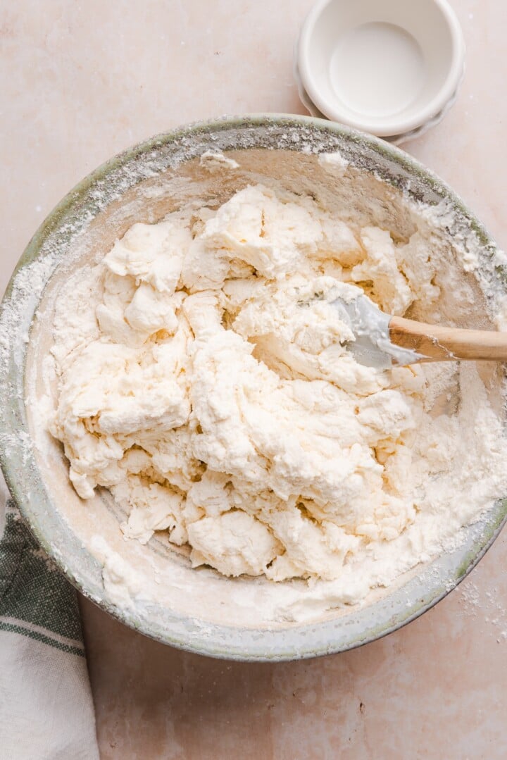 High protein pizza dough for cottage cheese pizza buns mixed in a bowl.