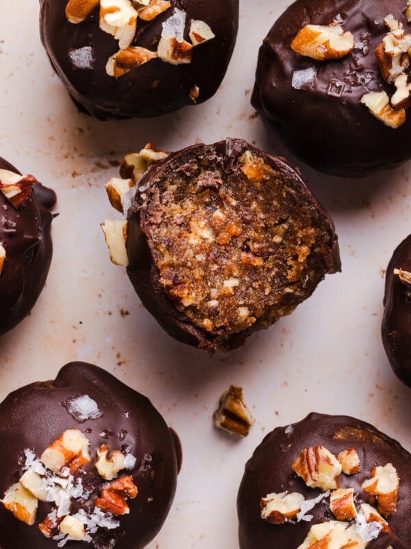 Pecan pie energy bites coated in chocolate.